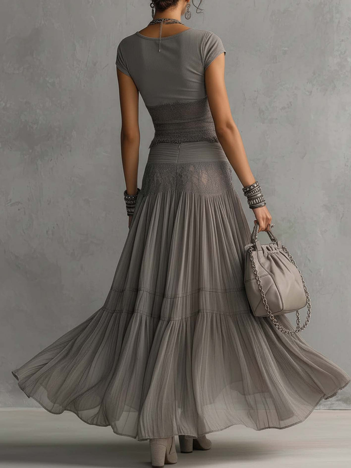 Briony | Sheer Lace-Panel Top & Pleated Maxi Skirt Set