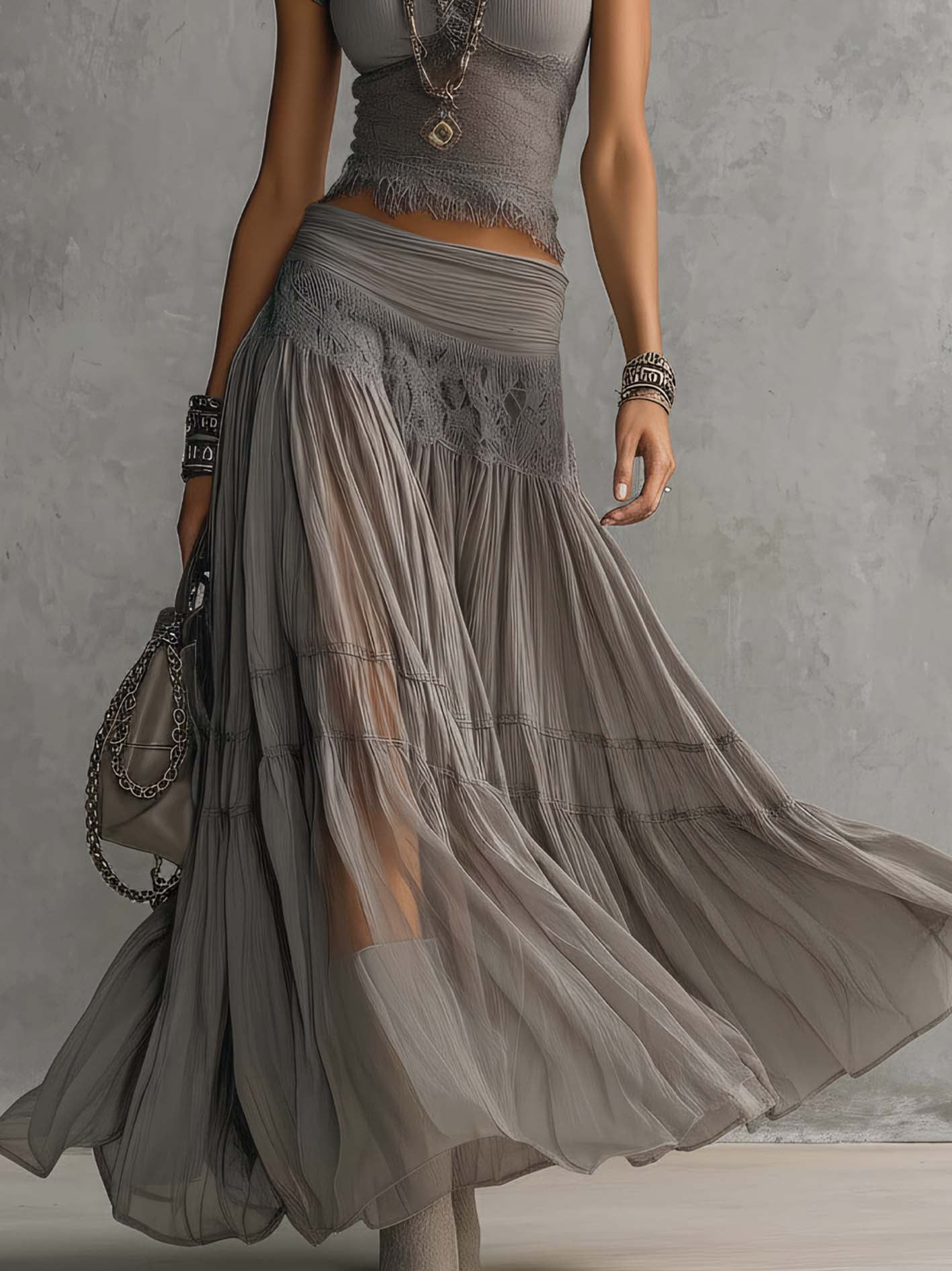Geneva | Set consisting of a transparent top with black lace panels and a maxi pleated skirt