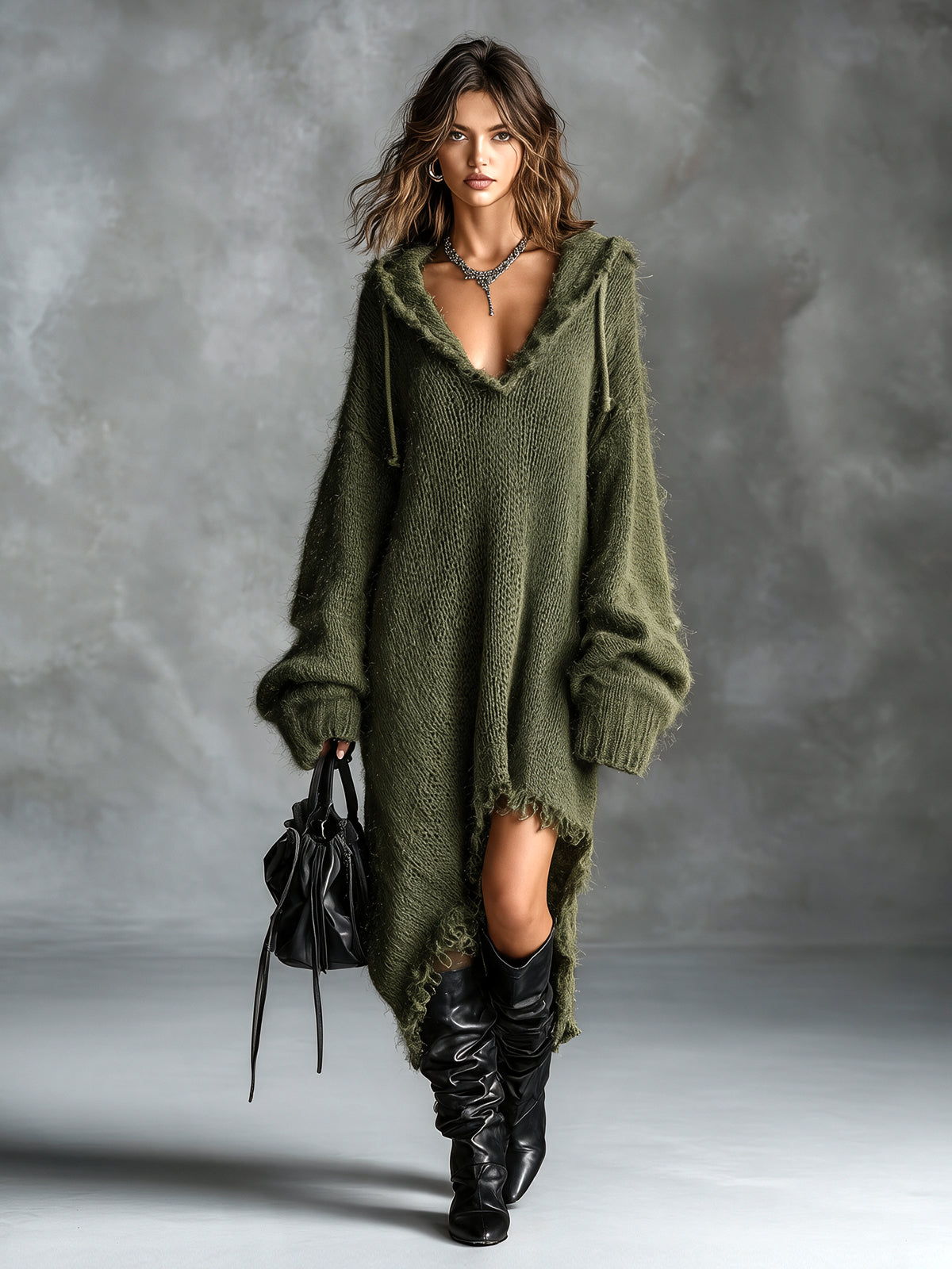 Everly | Fuzzy Knit Hooded Oversized Midi Dress