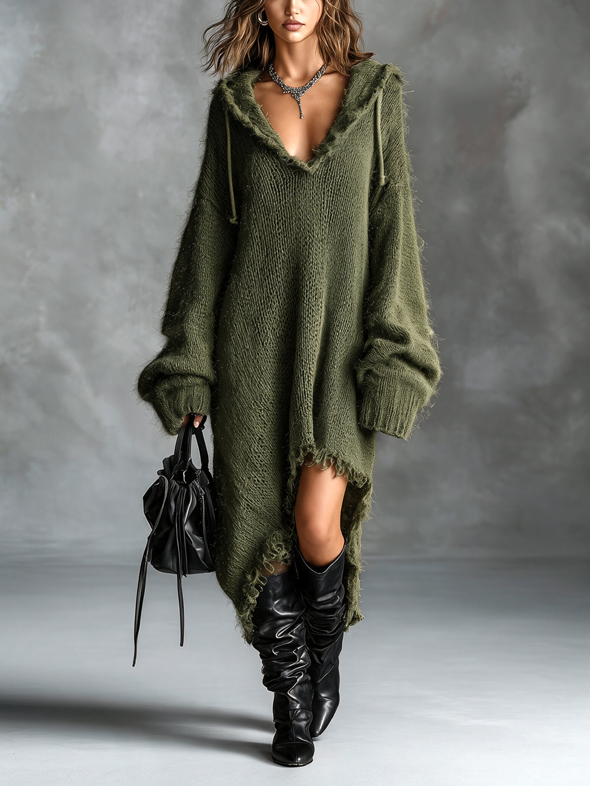 Everly | Fuzzy Knit Hooded Oversized Midi Dress