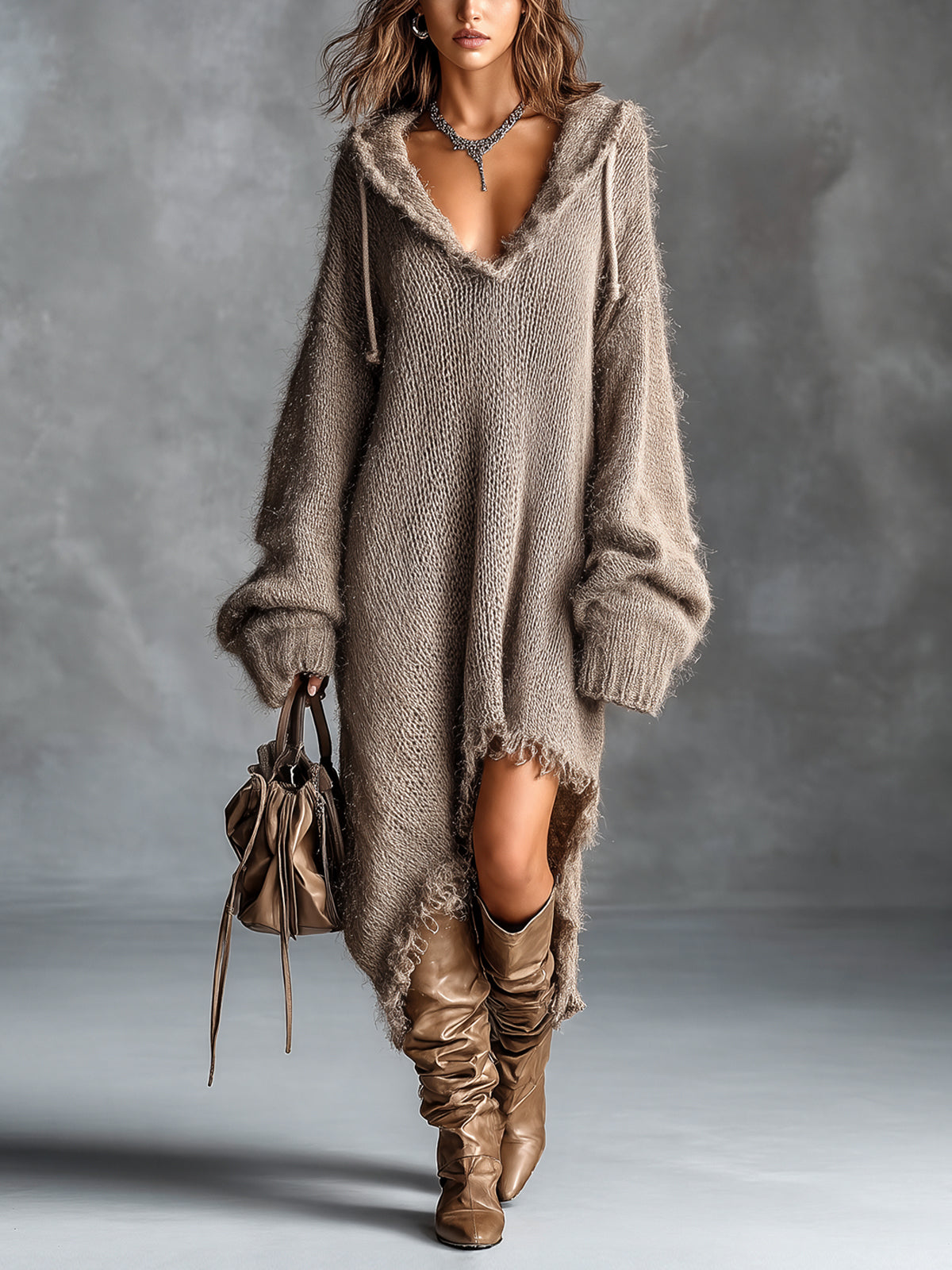 Everly | Fuzzy Knit Hooded Oversized Midi Dress