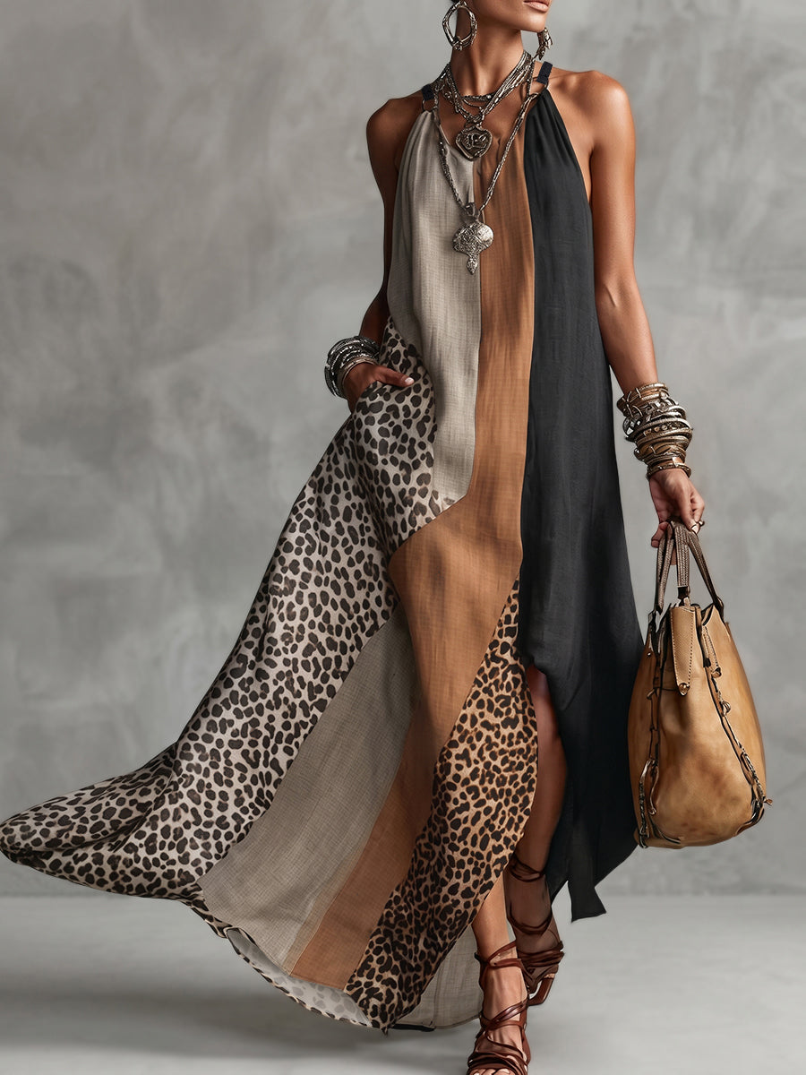 Elaine | Leopard Print Halter Maxi Dress with Side Slit