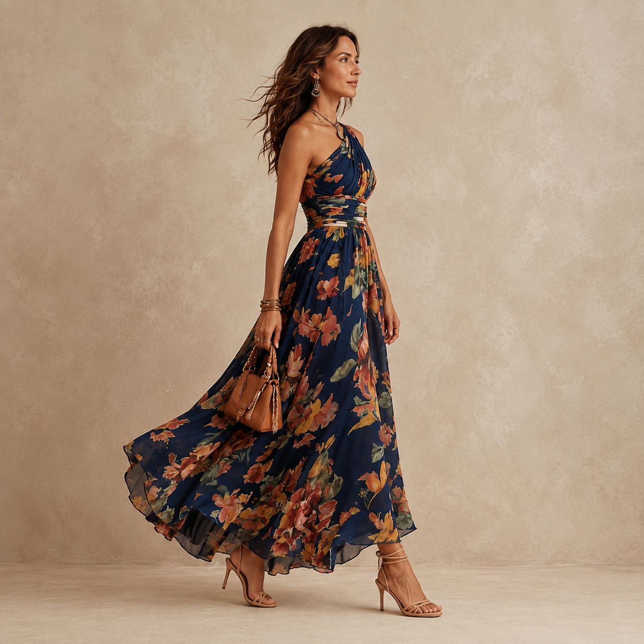 Celeste | One-Shoulder Floral Chiffon Maxi Dress