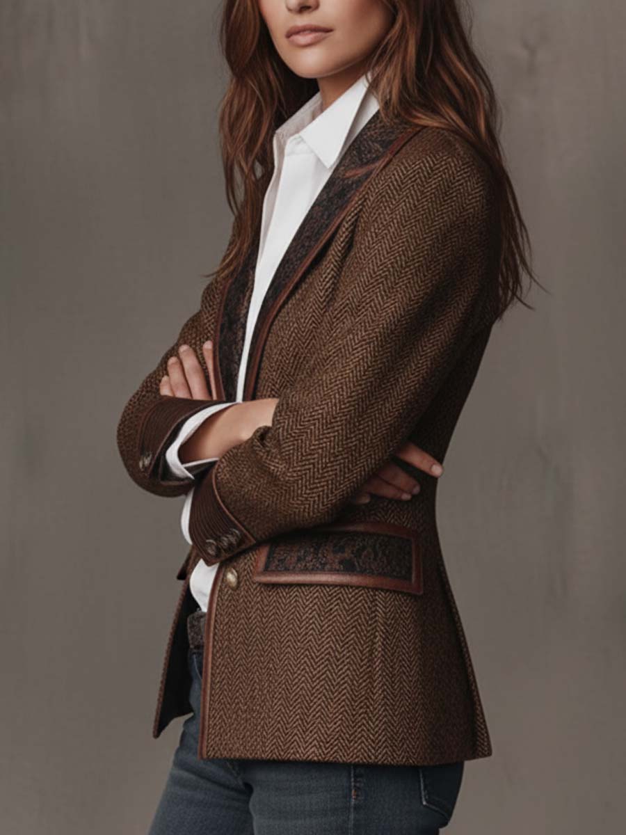 Theodora | Herringbone Panel Blazer with Contrast Edges