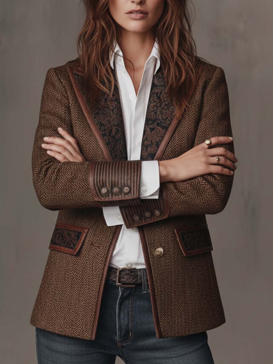Theodora | Herringbone Panel Blazer with Contrast Edges