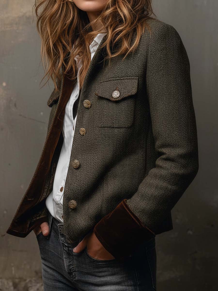 Rowena | Herringbone Contrast Trim Blazer