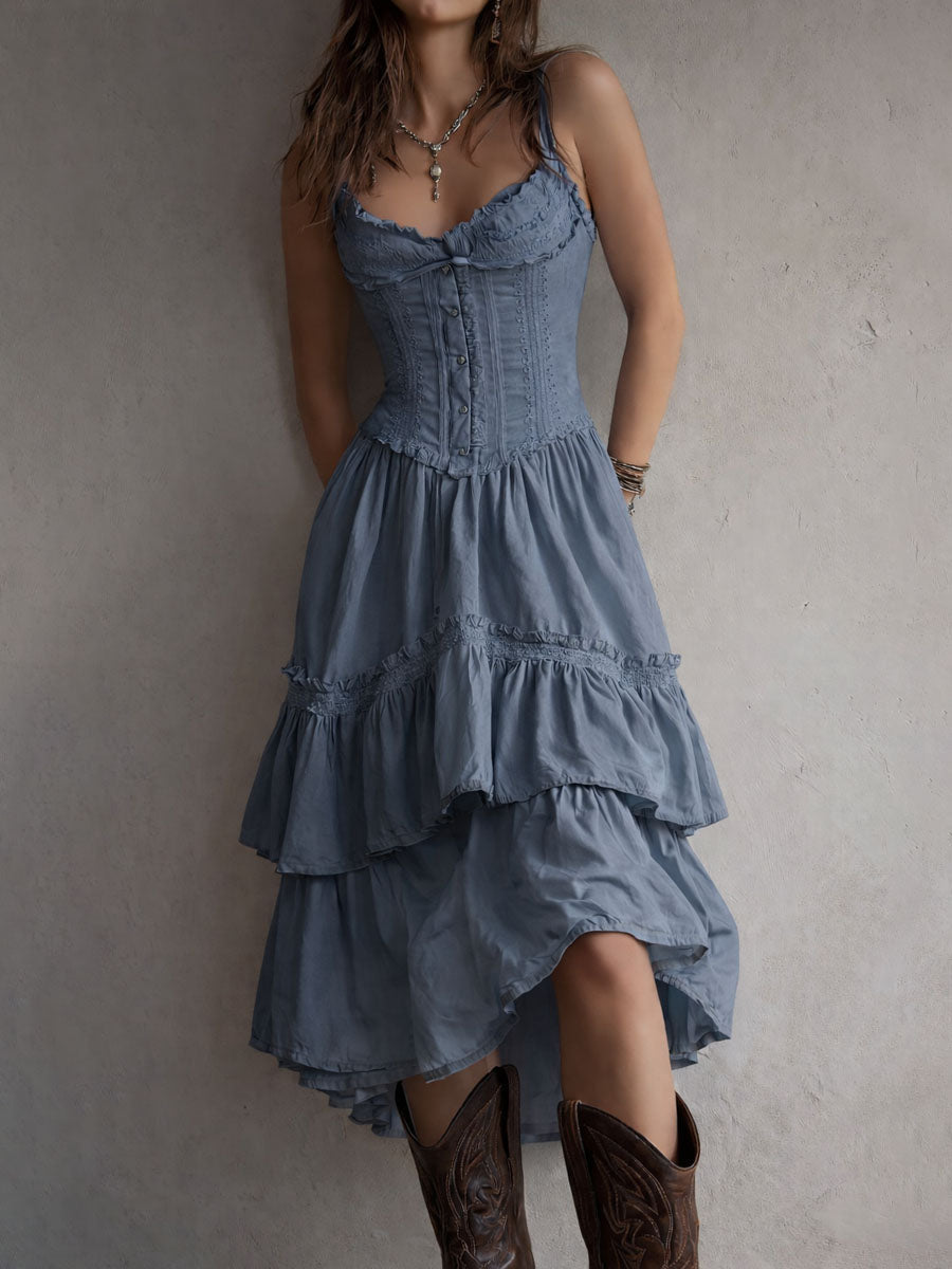 Vivienne | Retro Boho Corset Tiered Midi Dress with Lace Trim