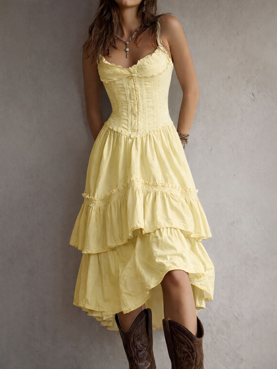 Vivienne | Retro Boho Corset Tiered Midi Dress with Lace Trim