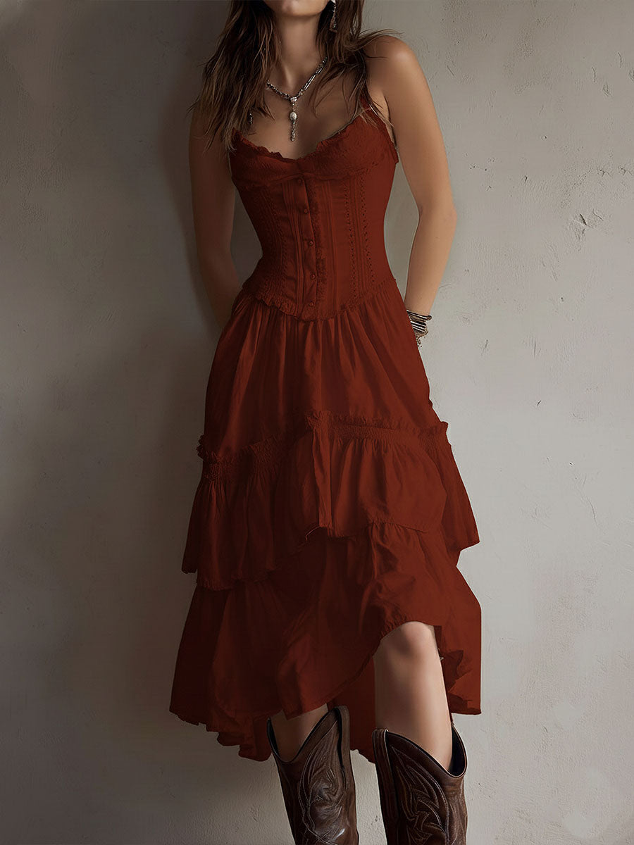Vivienne | Retro Boho Corset Tiered Midi Dress with Lace Trim