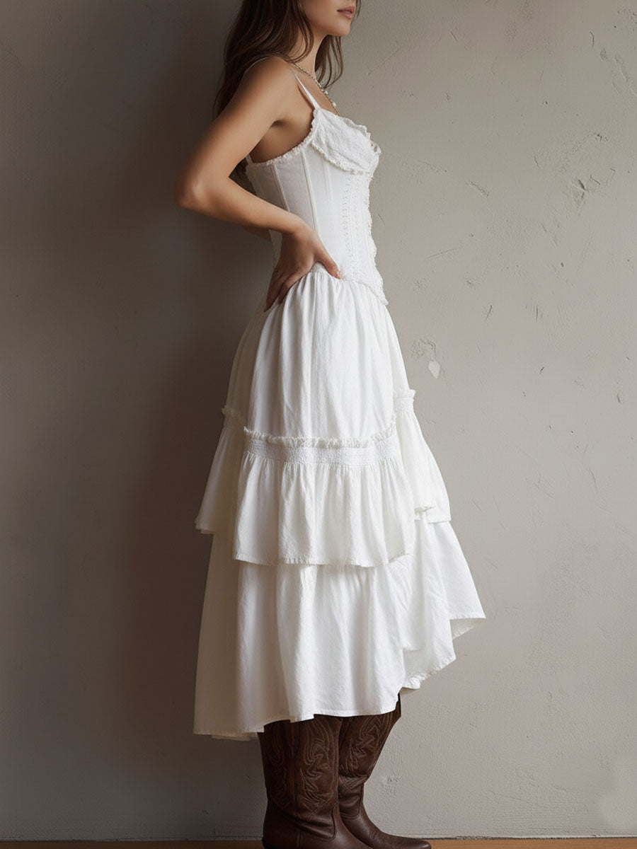 Vivienne | Retro Boho Corset Tiered Midi Dress with Lace Trim