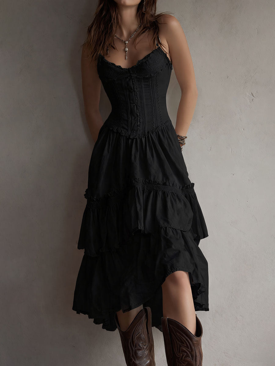 Vivienne | Retro Boho Corset Tiered Midi Dress with Lace Trim