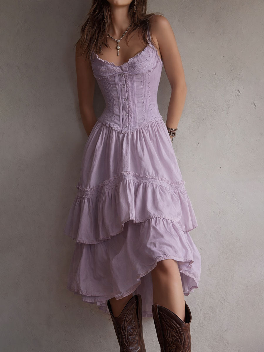 Vivienne | Retro Boho Corset Tiered Midi Dress with Lace Trim