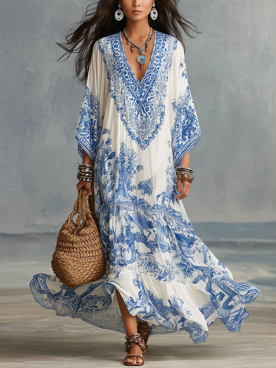 Lorelai | Blue Porcelain Print V-Neck Kaftan Dress