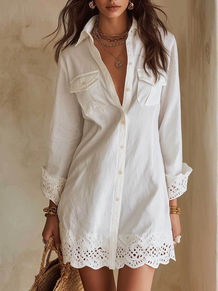 Marlowe | Bohemian Eyelet Hem Shirt Mini Dress