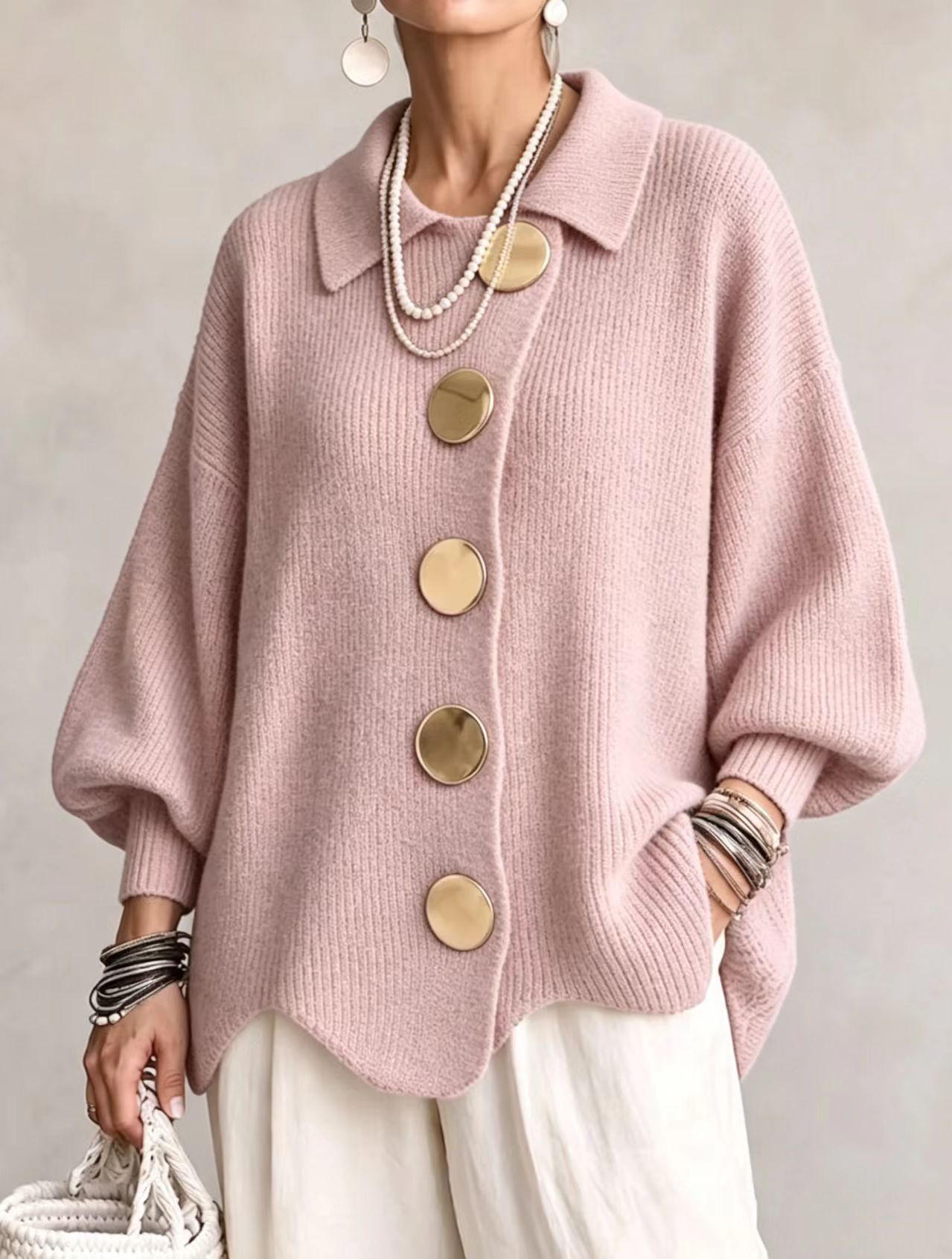 Isa | Oversized Collared Cardigan With Large Buttons