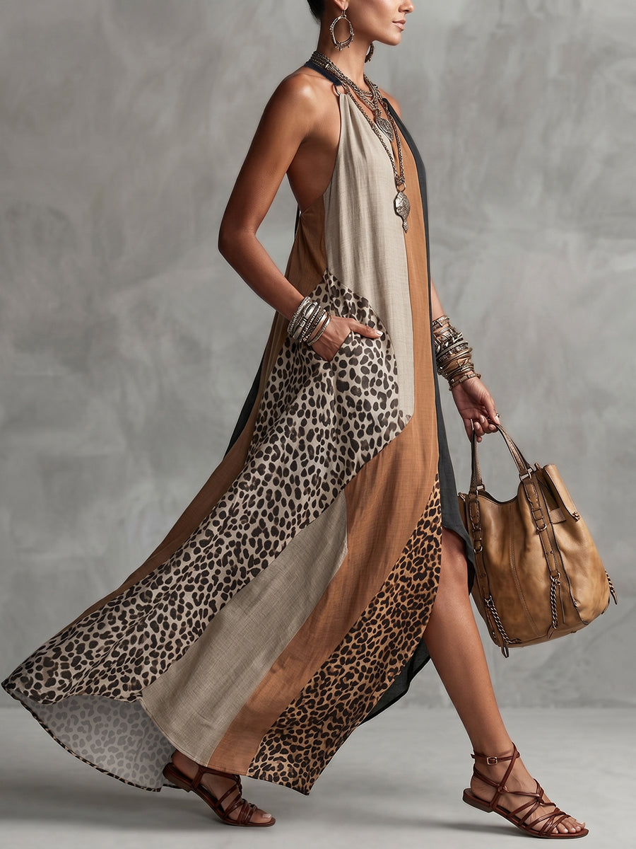 Elaine | Leopard Print Halter Maxi Dress with Side Slit