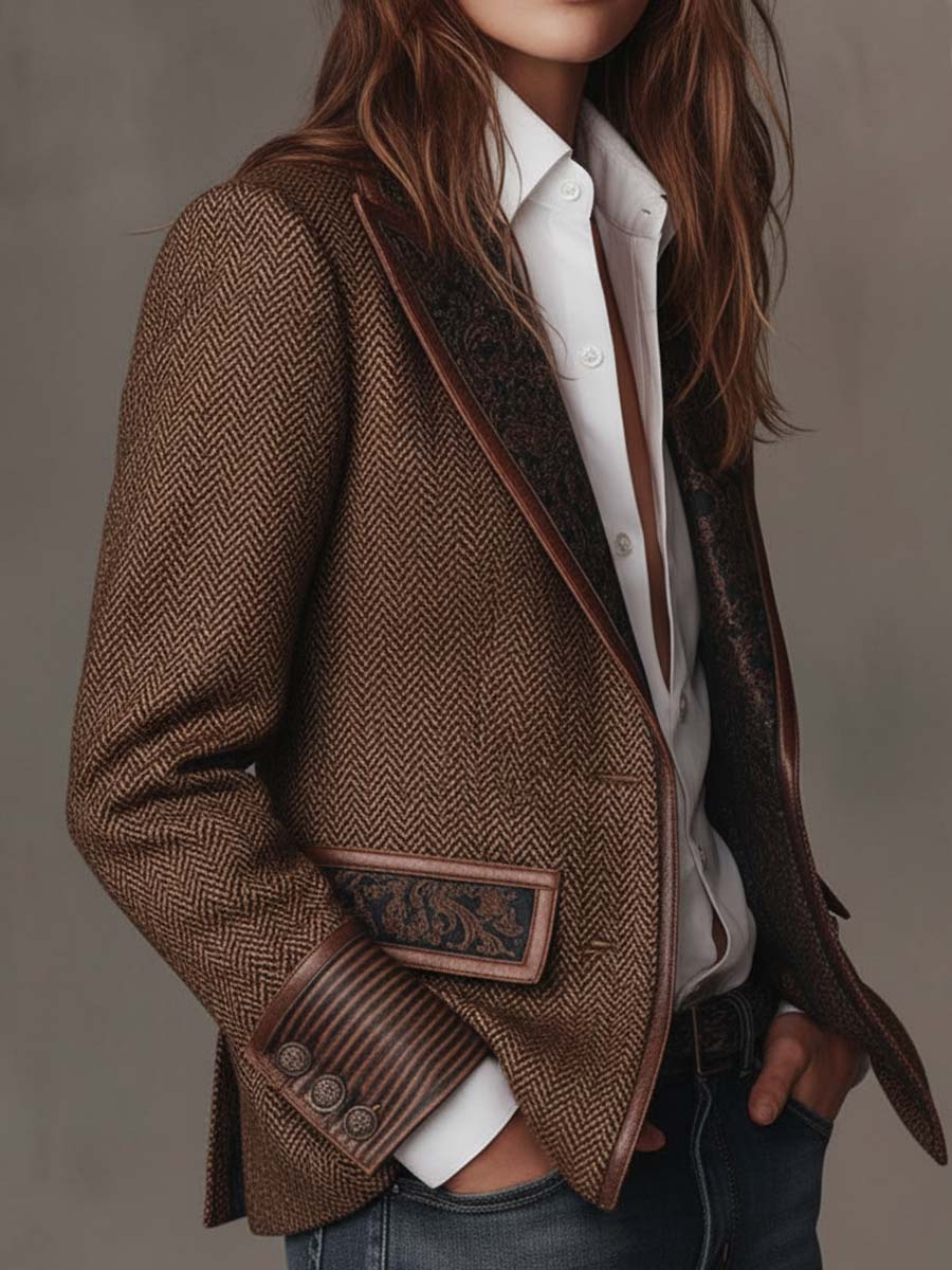 Theodora | Herringbone Panel Blazer with Contrast Edges
