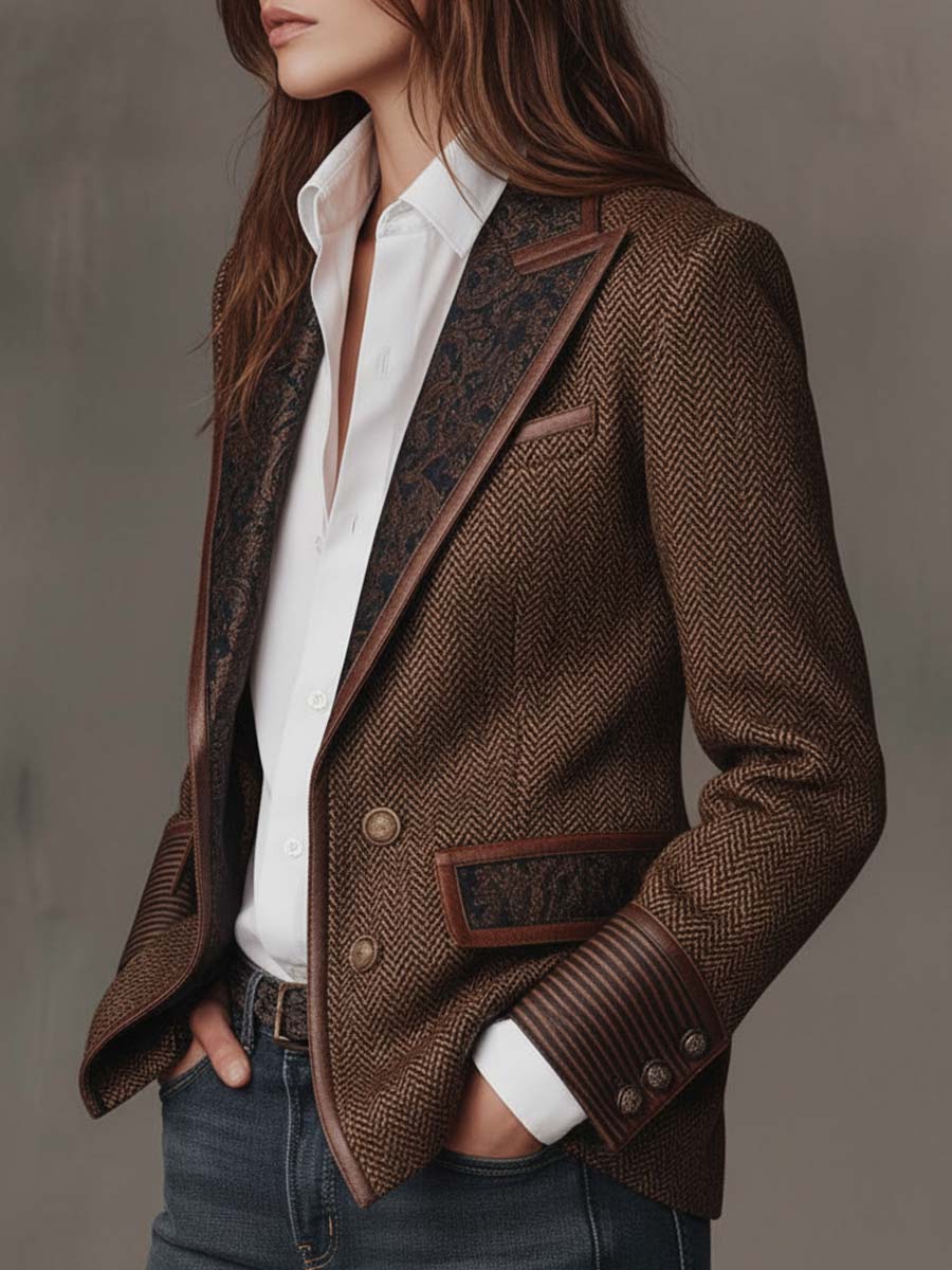 Theodora | Herringbone Panel Blazer with Contrast Edges