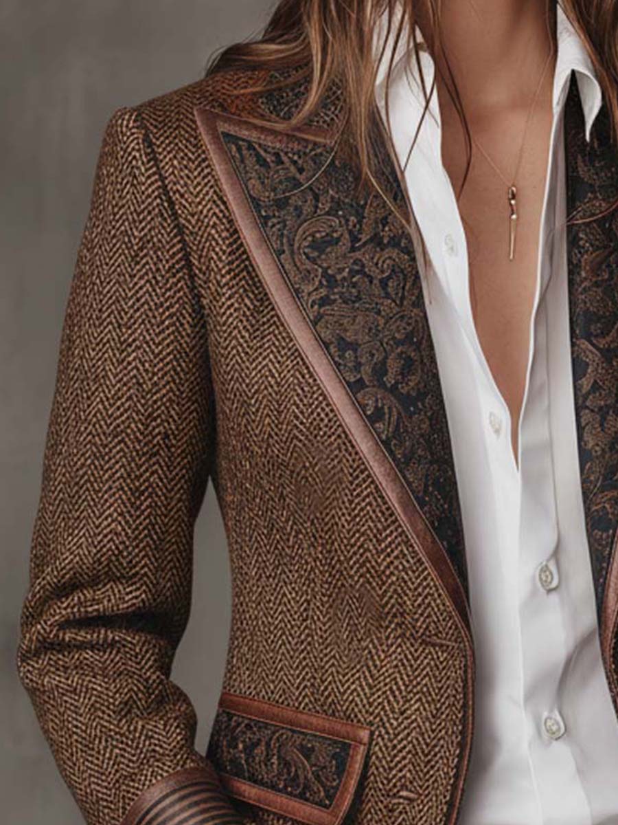 Theodora | Herringbone Panel Blazer with Contrast Edges