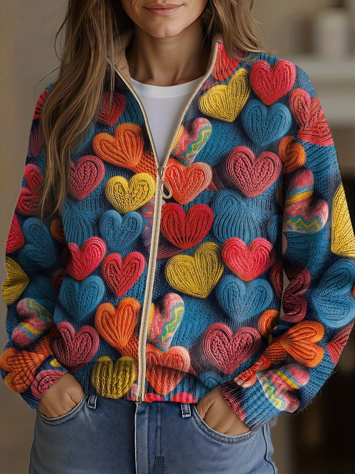 Valentine | Multicolour Heart Textured Knit Cardigan