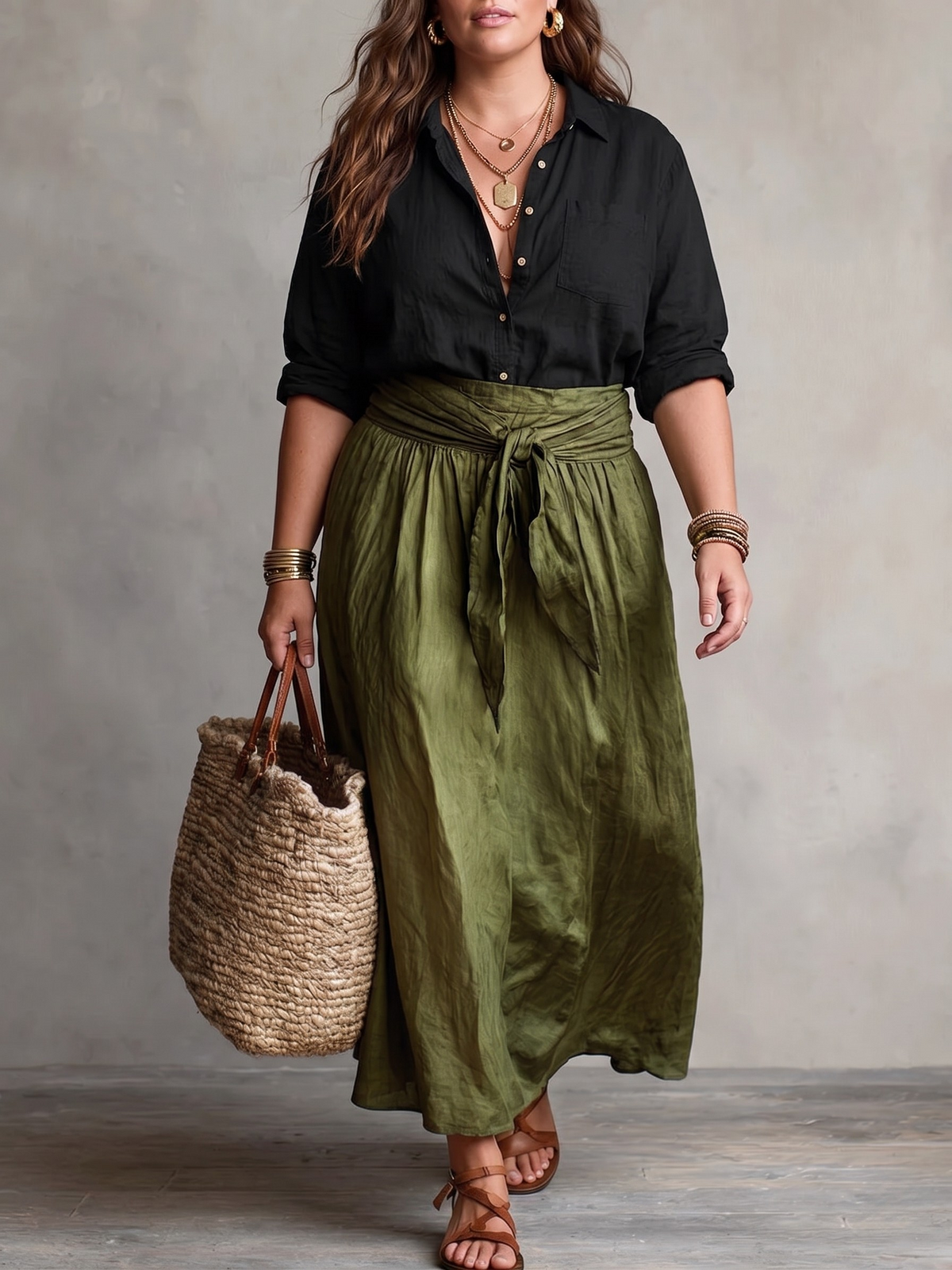 Veronica | Two-Piece Set: Black Blouse & Olive Skirt