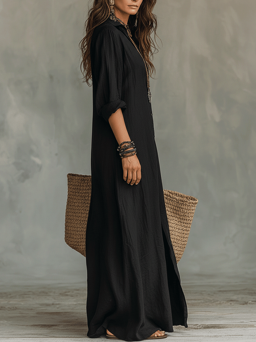 Ophelia | Button-Front Bohemian Shirt Maxi Dress