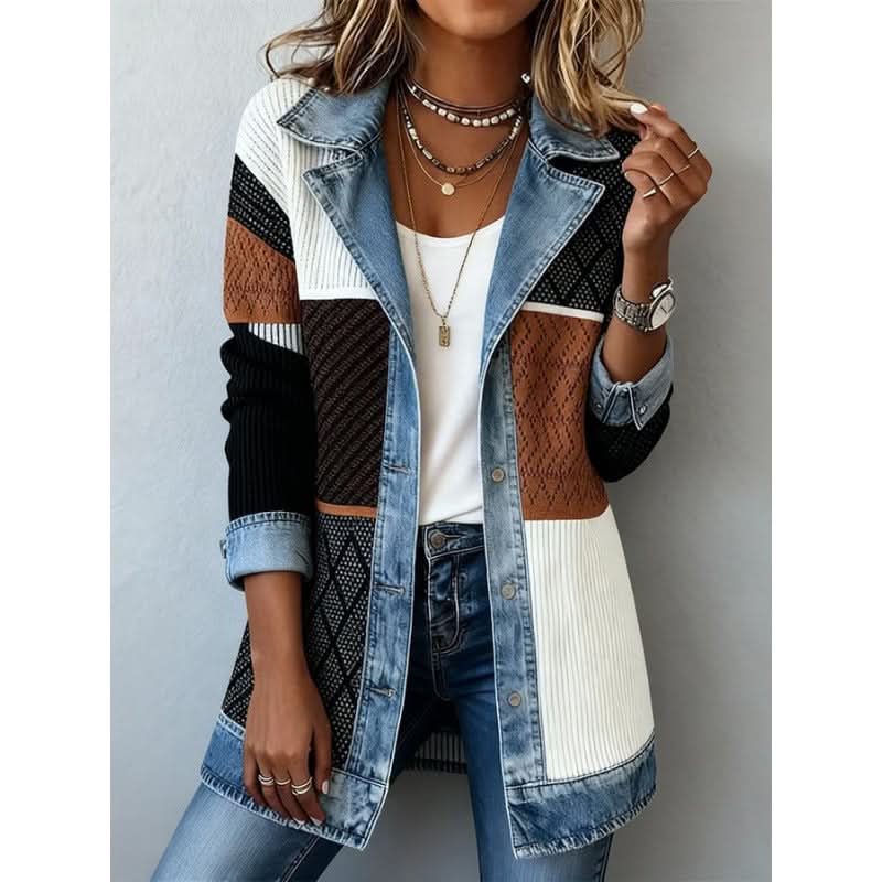 Adeline | Casual Denim Trim Contrast-Panel Jacket