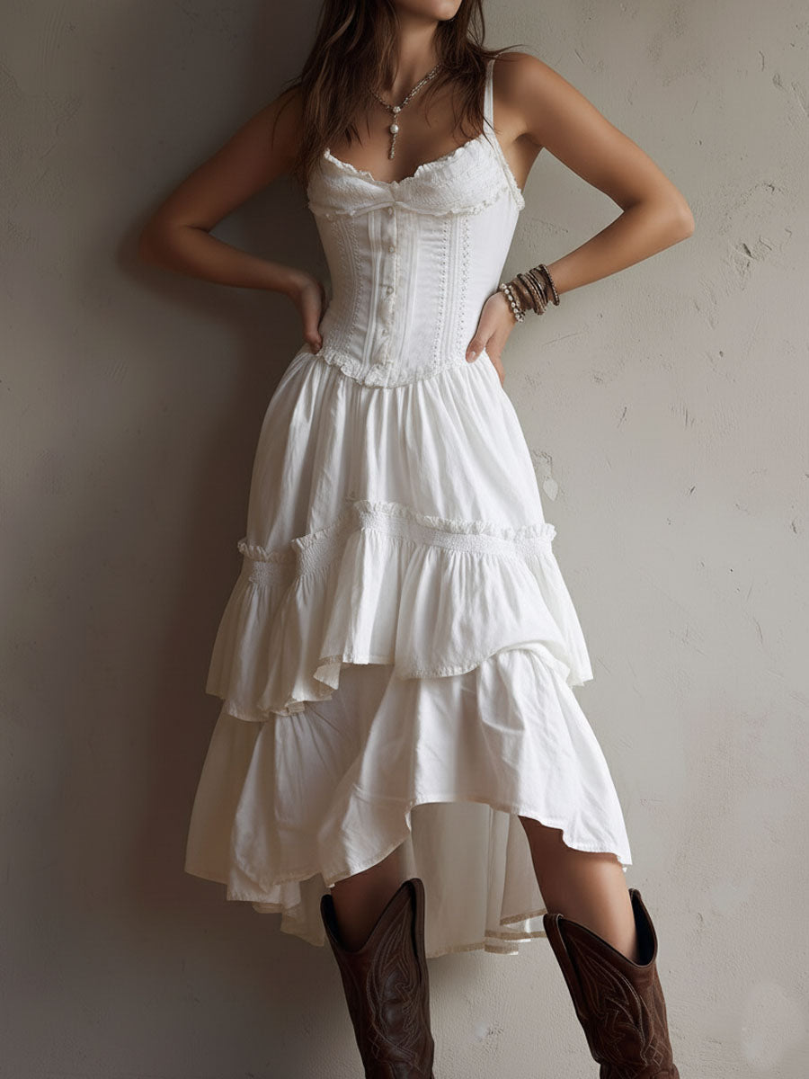 Vivienne | Retro Boho Corset Tiered Midi Dress with Lace Trim