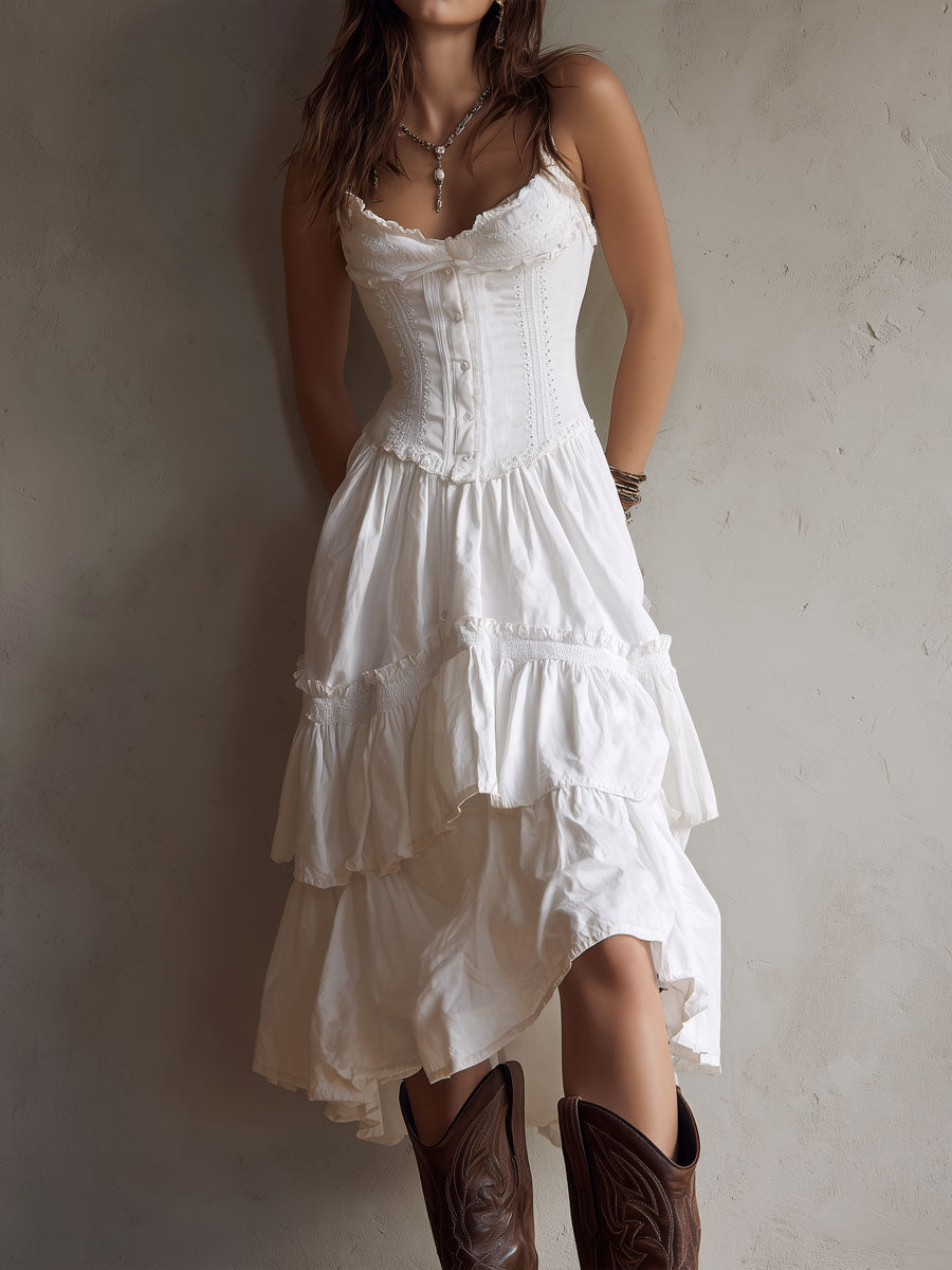 Vivienne | Retro Boho Corset Tiered Midi Dress with Lace Trim