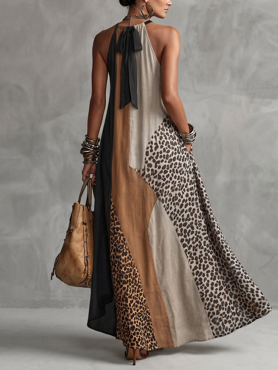 Elaine | Leopard Print Halter Maxi Dress with Side Slit