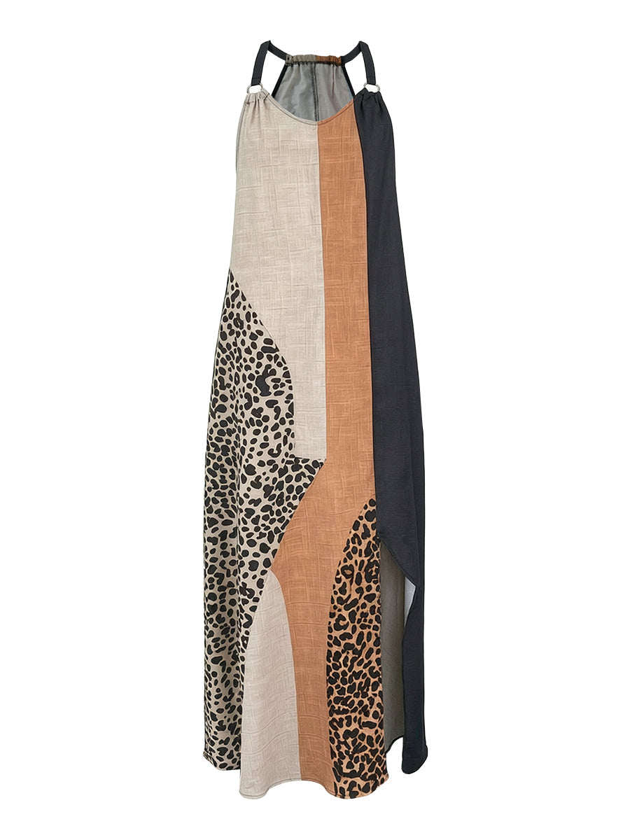 Elaine | Leopard Print Halter Maxi Dress with Side Slit