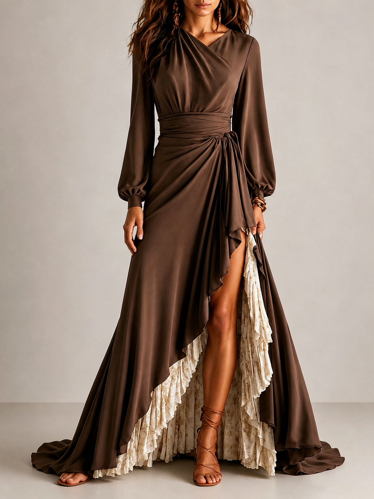 Wrenley | Wrap V-Neck Lantern Sleeve Ruffle Maxi Dress