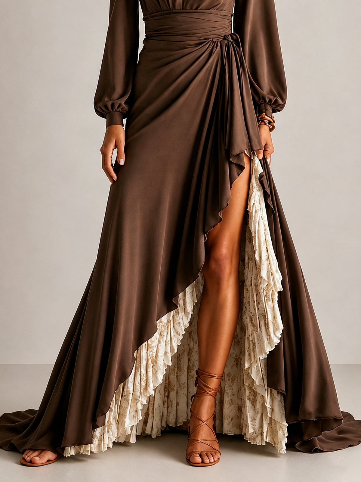 Wrenley | Wrap V-Neck Lantern Sleeve Ruffle Maxi Dress