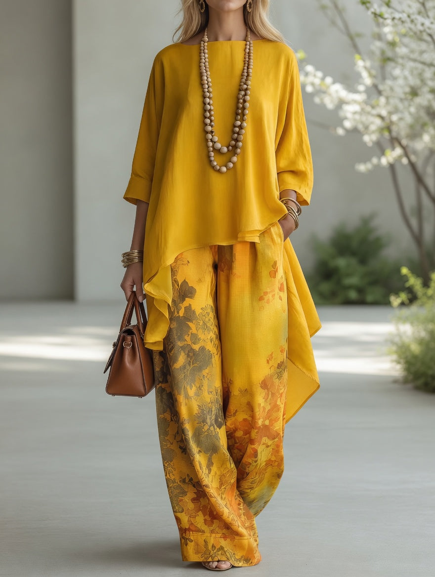Elowen | Botanical Print High-Low Tunic & Wide-Leg Set