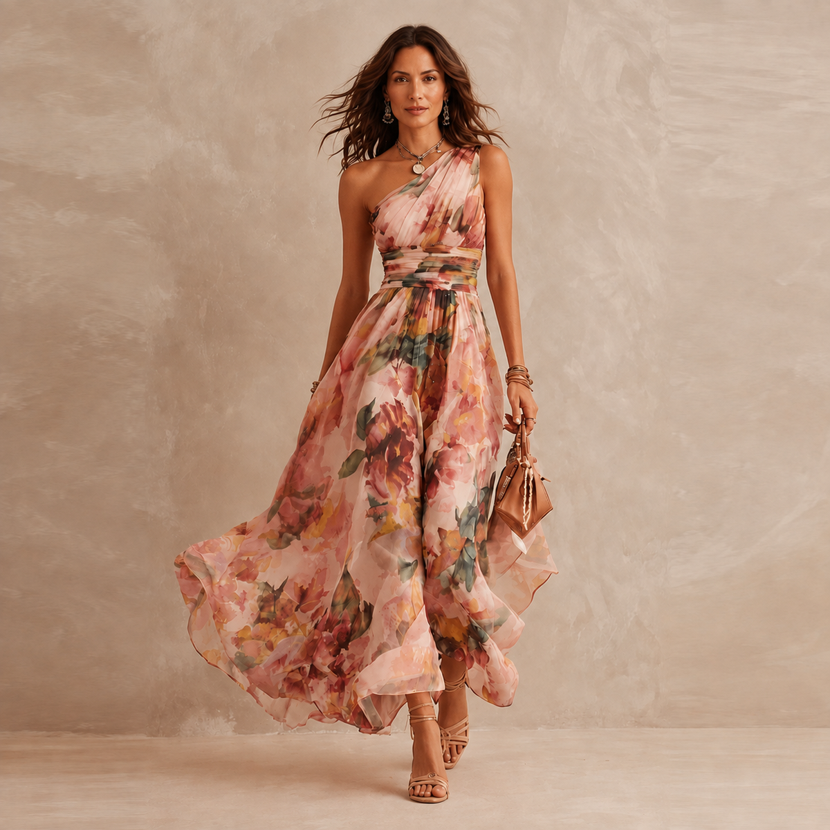 Celeste | One-Shoulder Floral Chiffon Maxi Dress