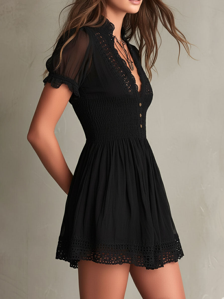Muse | Smocked Lace-Trim Black Mini Dress