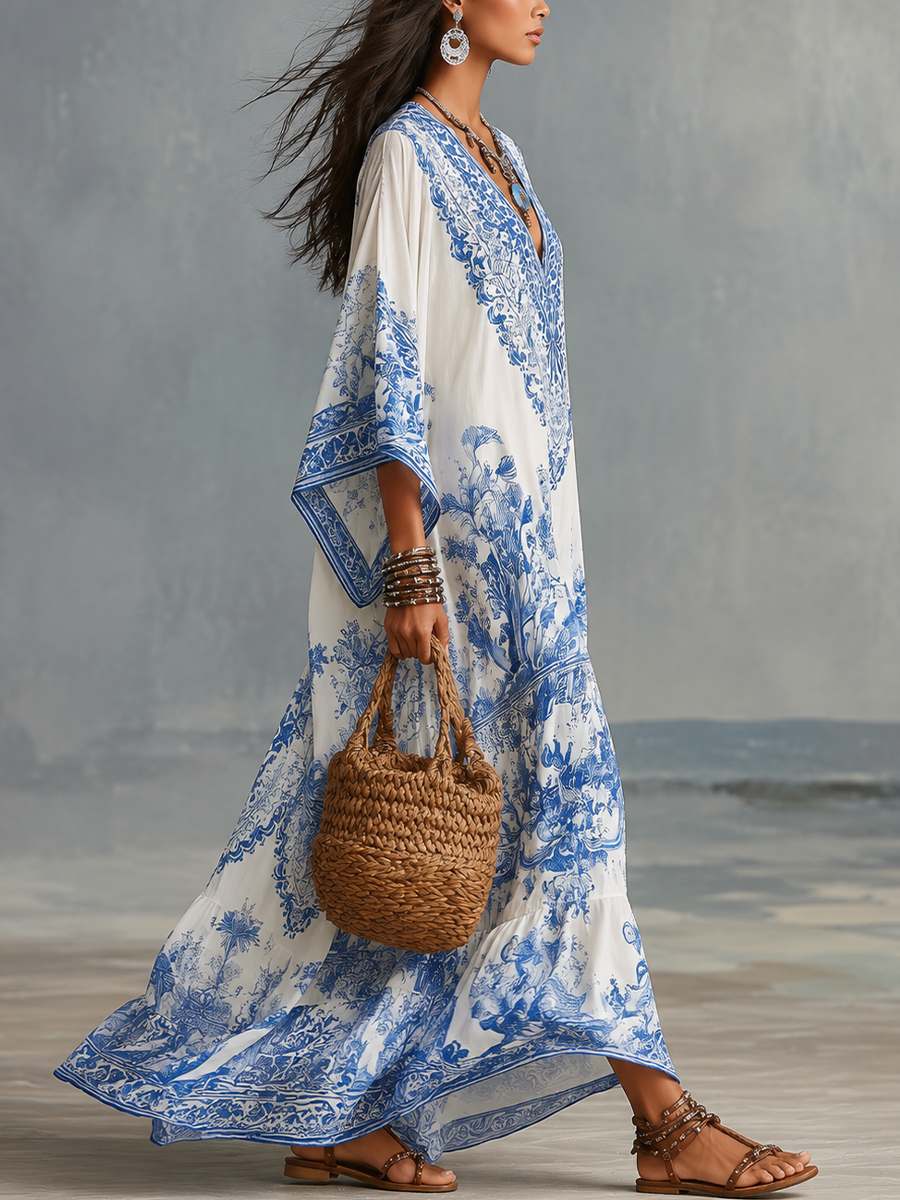 Lorelai | Blue Porcelain Print V-Neck Kaftan Dress