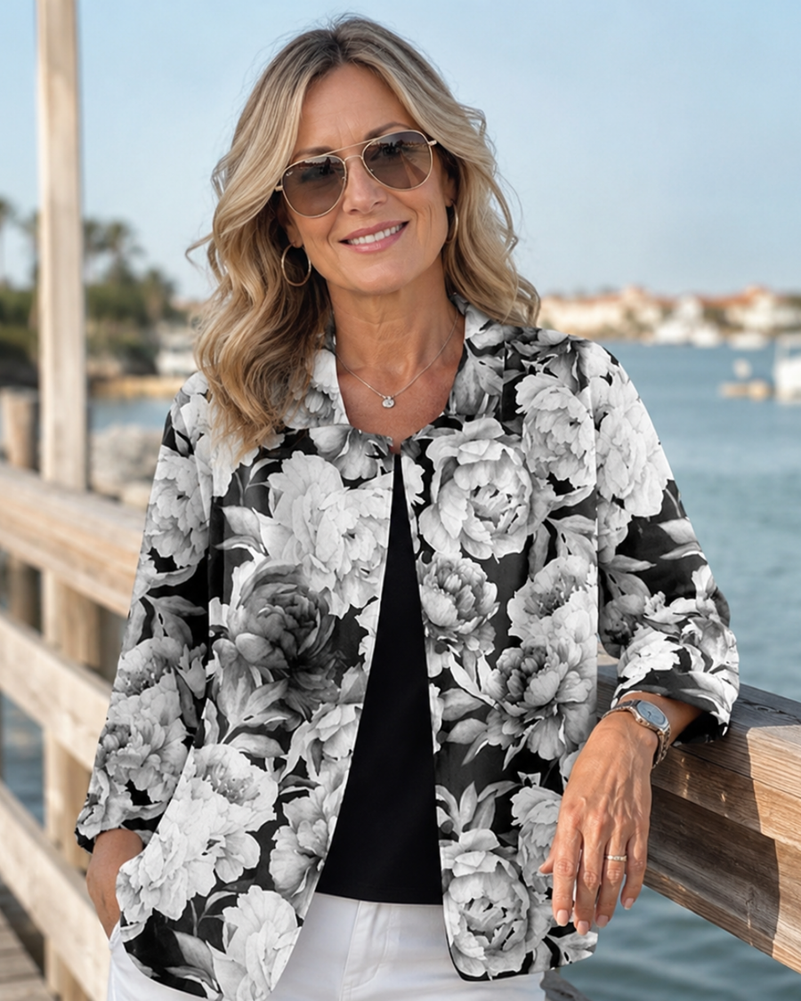Leontina | Monochrome Floral Relaxed Open Shirt