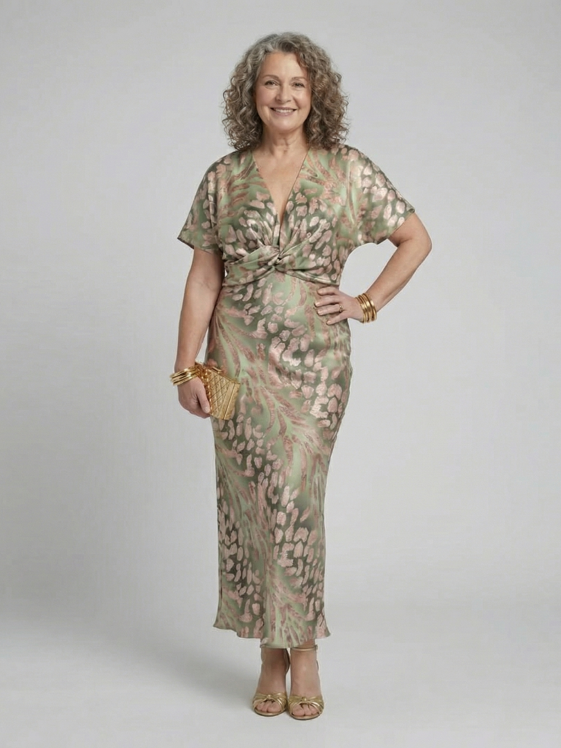 Elodie | Abstract Print V Neck Twist Waist Midi Dress