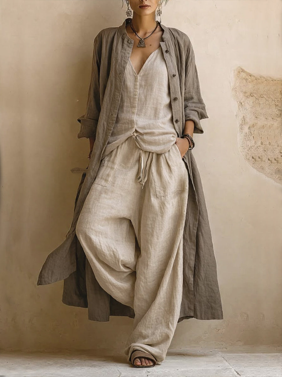 Donatella | Three-Piece Casual Set: Long Cardigan, Sleeveless Top, and Bohemian-Style Pants