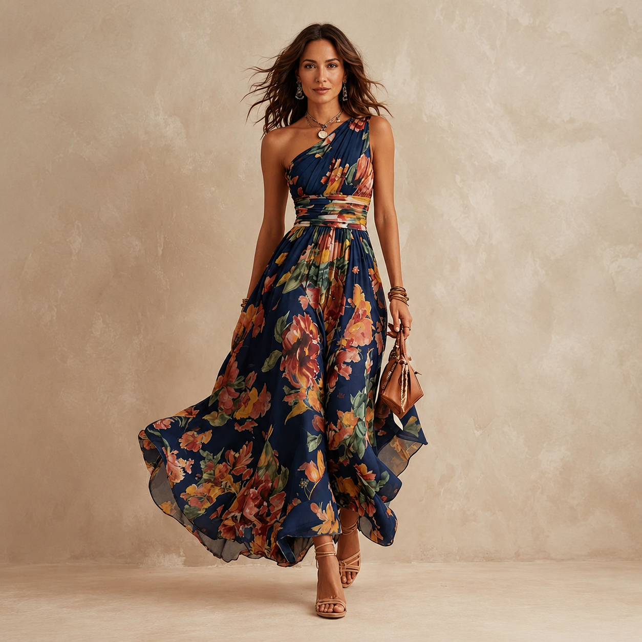 Celeste | One-Shoulder Floral Chiffon Maxi Dress