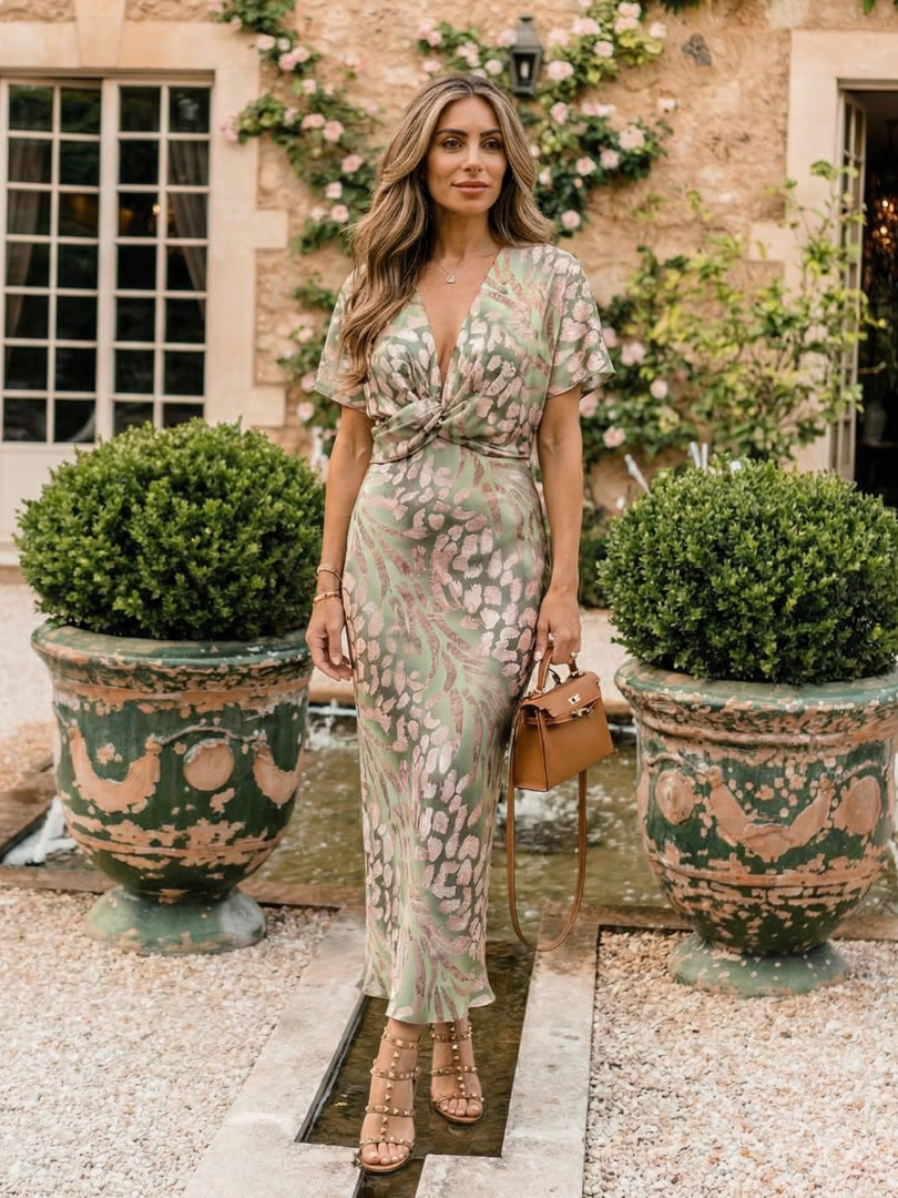 Elodie | Abstract Print V Neck Twist Waist Midi Dress