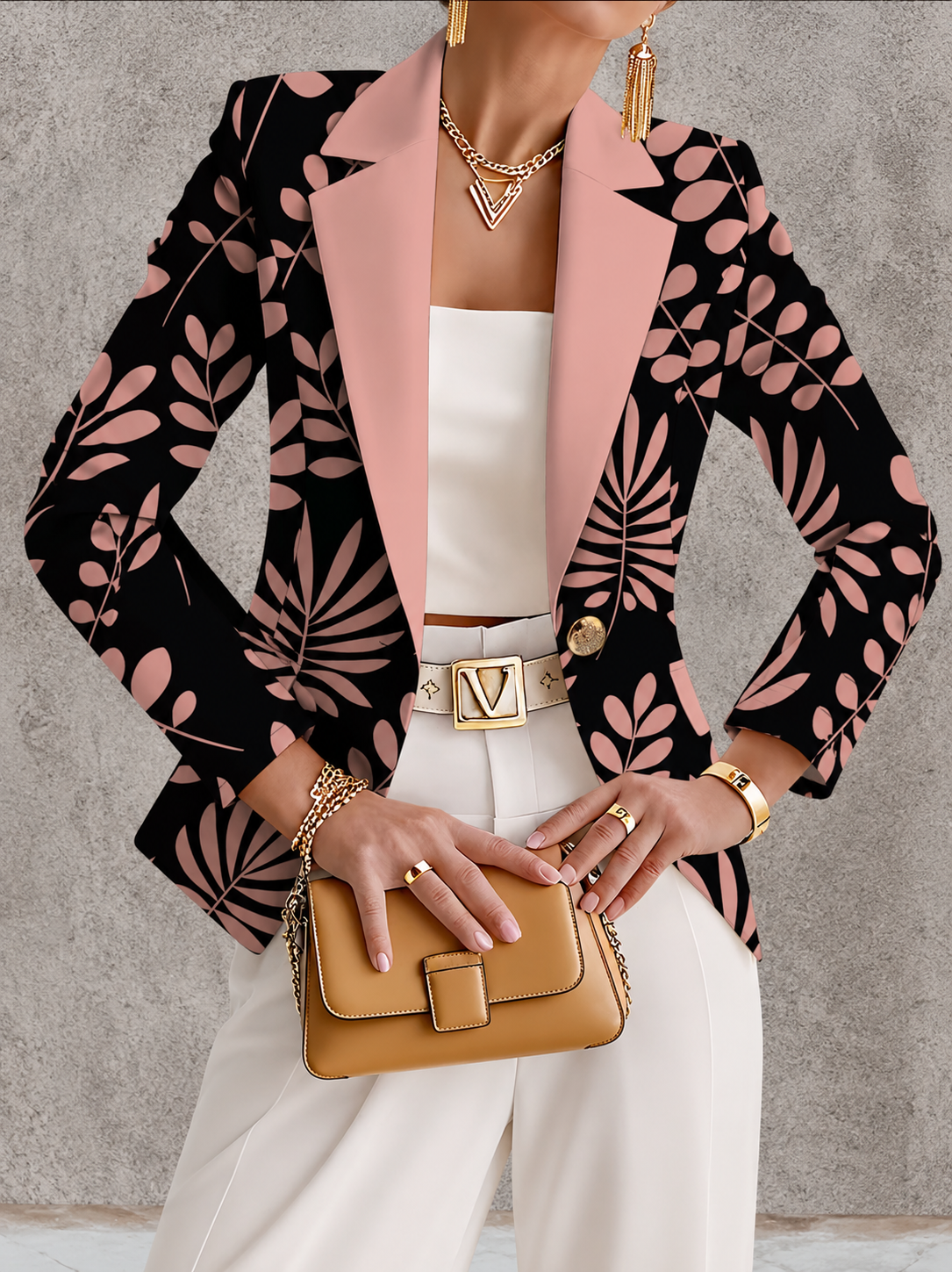 Odaya | Pink Leaf Print Single-Button Blazer