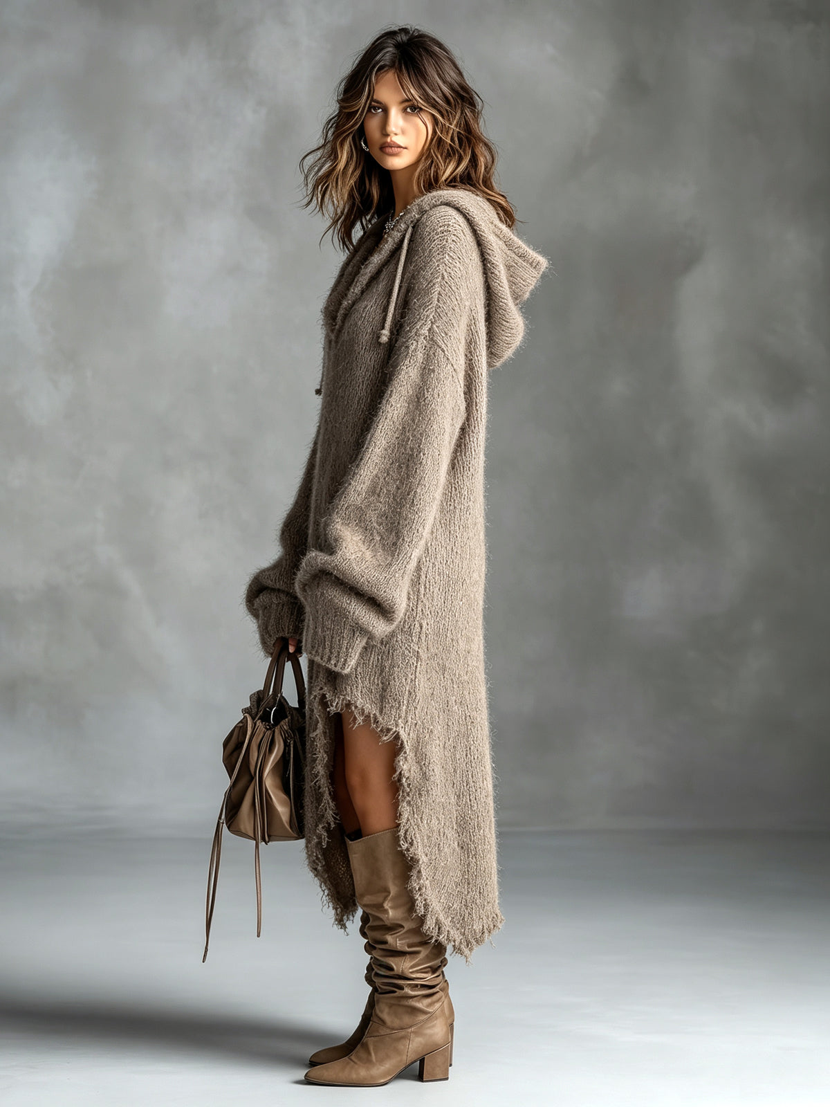 Everly | Fuzzy Knit Hooded Oversized Midi Dress