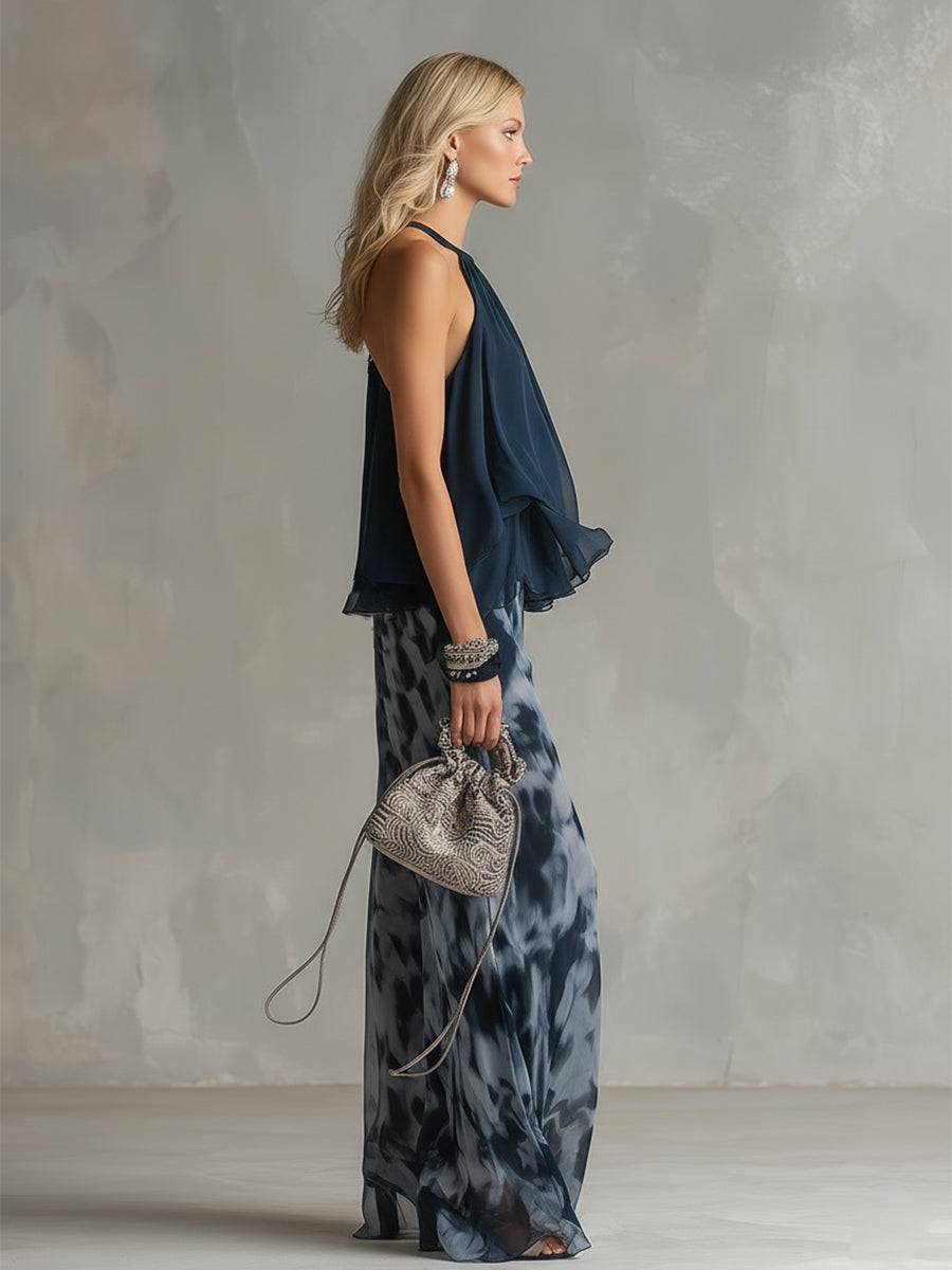 Ludovica | Navy Halter Top & Wide-Leg Printed Trouser Set