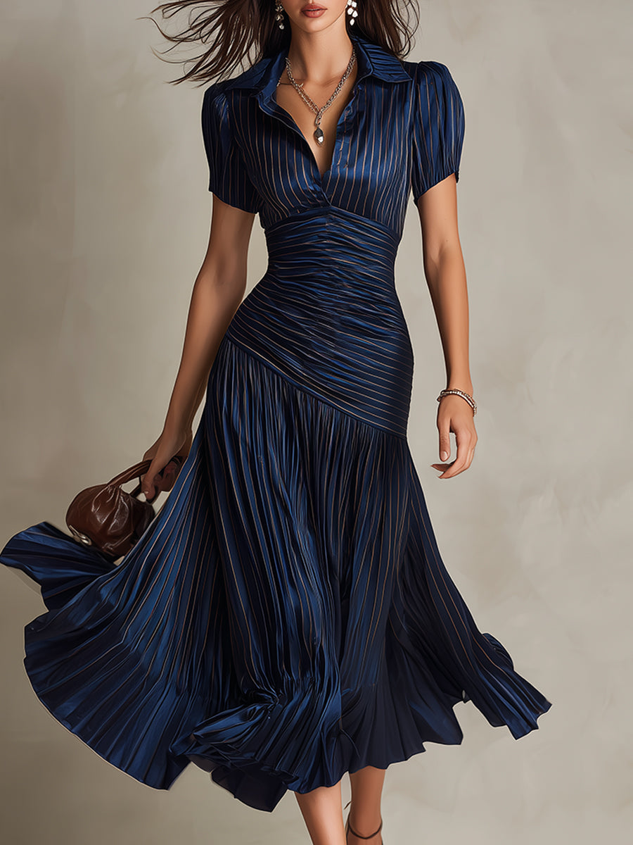 Agatha | Retro Striped Satin Midi Dress