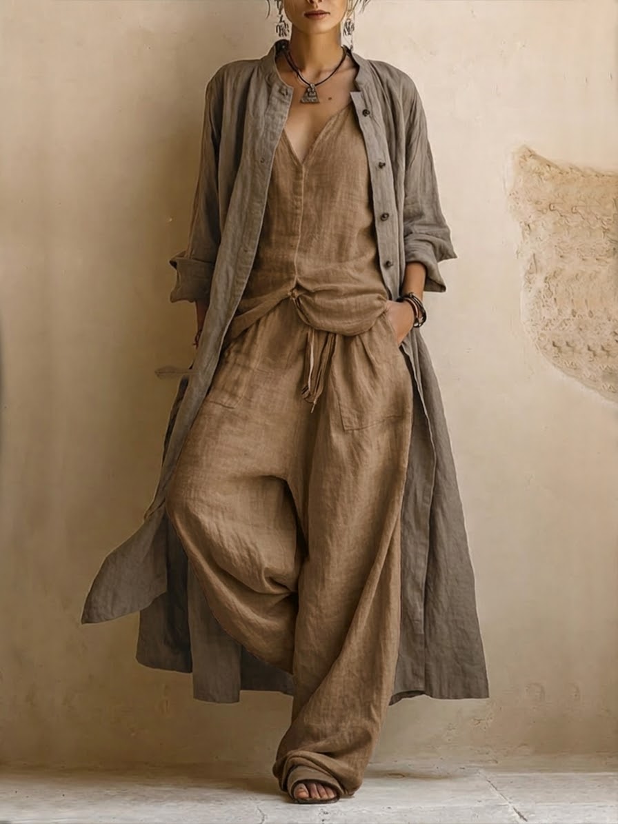 Donatella | Three-Piece Casual Set: Long Cardigan, Sleeveless Top, and Bohemian-Style Pants