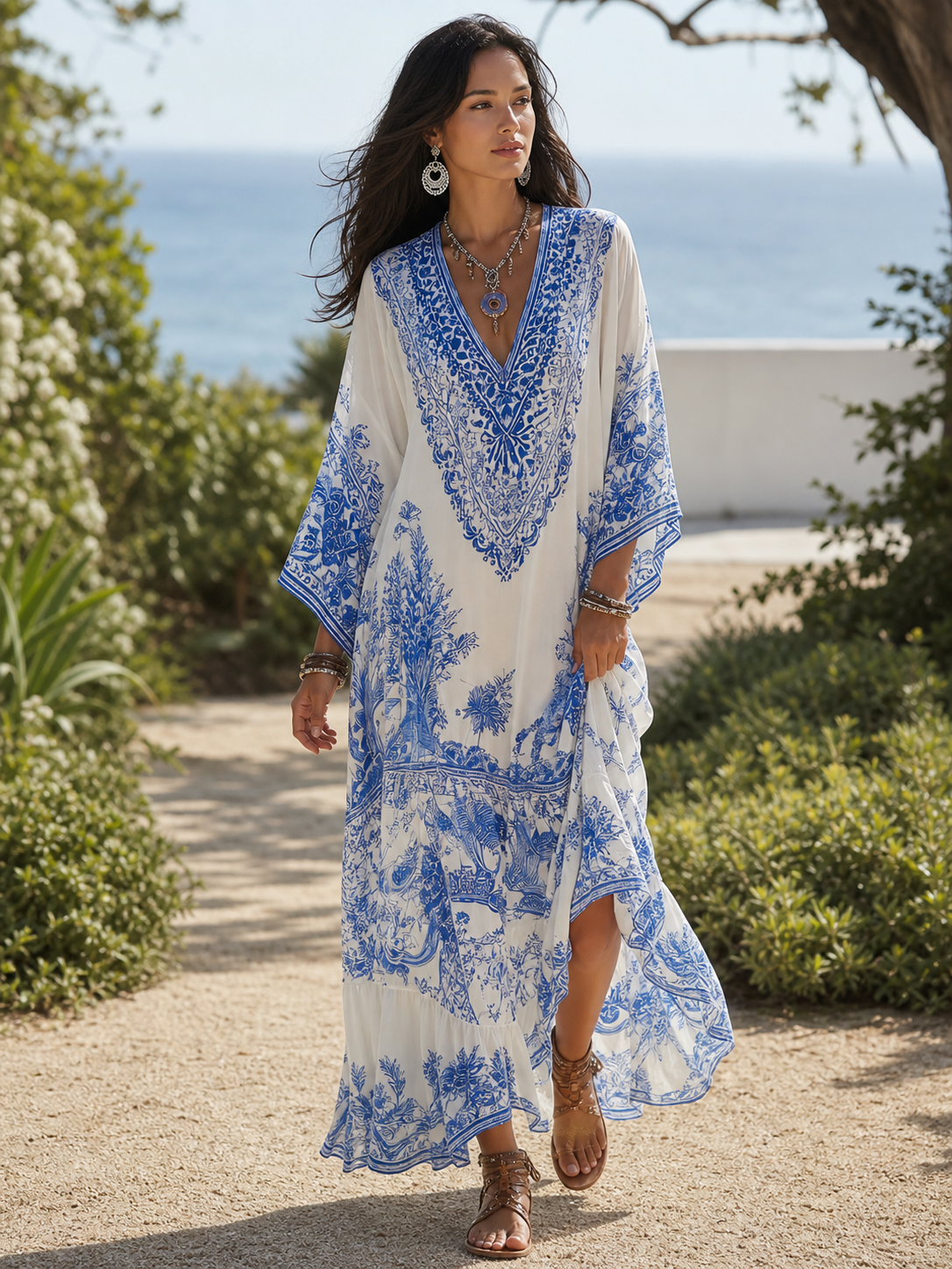 Lorelai | Blue Porcelain Print V-Neck Kaftan Dress