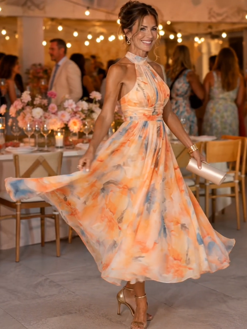 Aurora | Halter Neck Maxi Dress with Watercolour Print