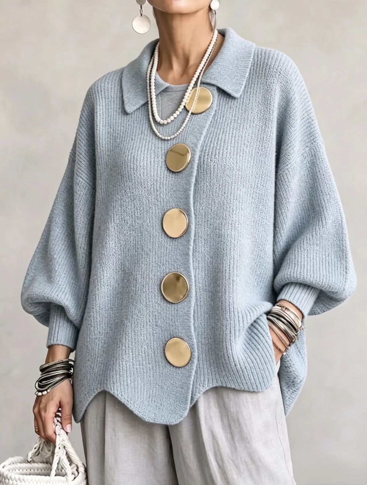 Isa | Oversized Collared Cardigan With Large Buttons